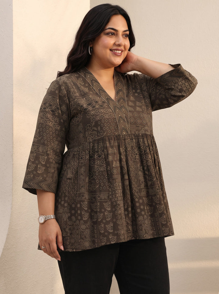 Plus Size Brown Ethnic Printed Cotton A-Line Short Kurti