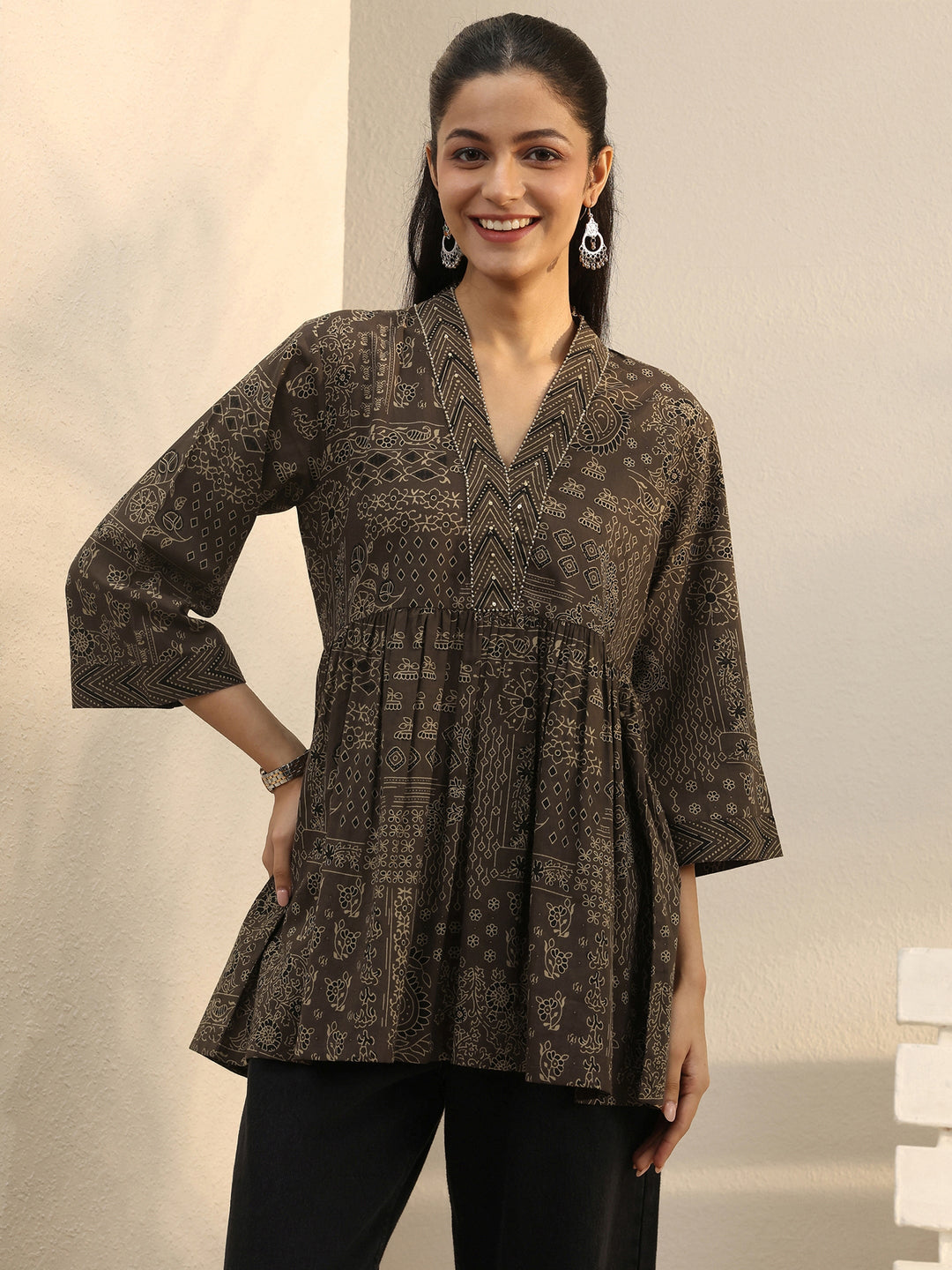 Brown Ethnic Printed Cotton A-Line Short Kurti