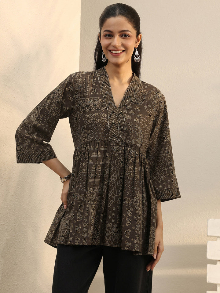 Brown Ethnic Printed Cotton A-Line Short Kurti