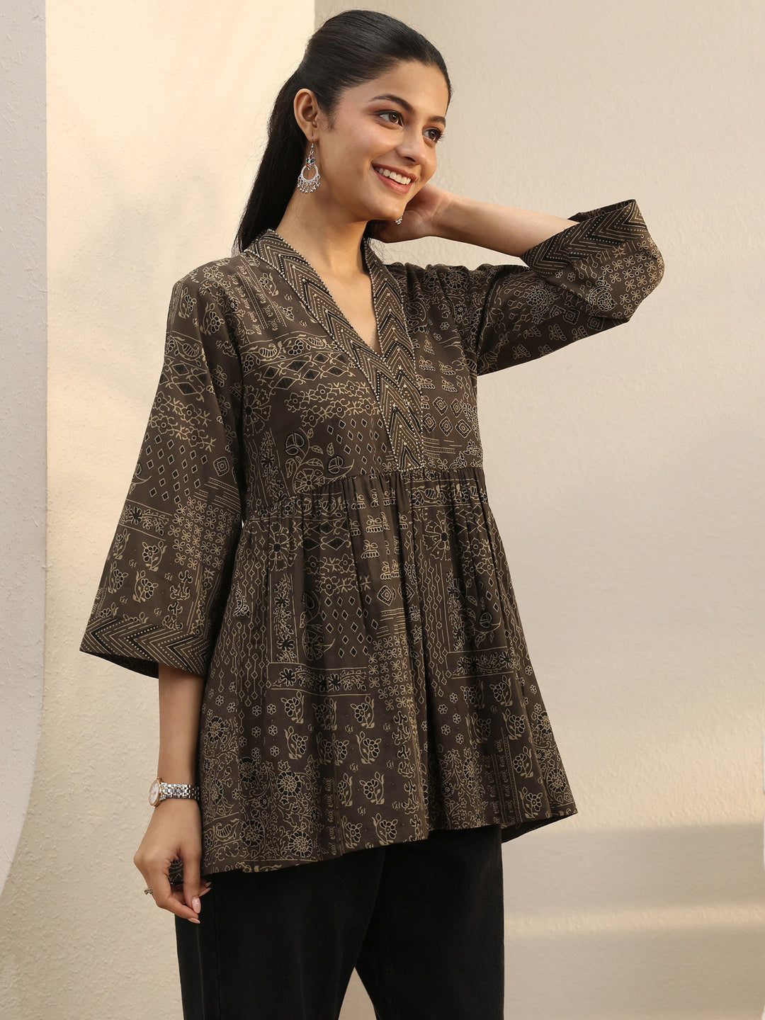 Brown Ethnic Printed Cotton A-Line Short Kurti