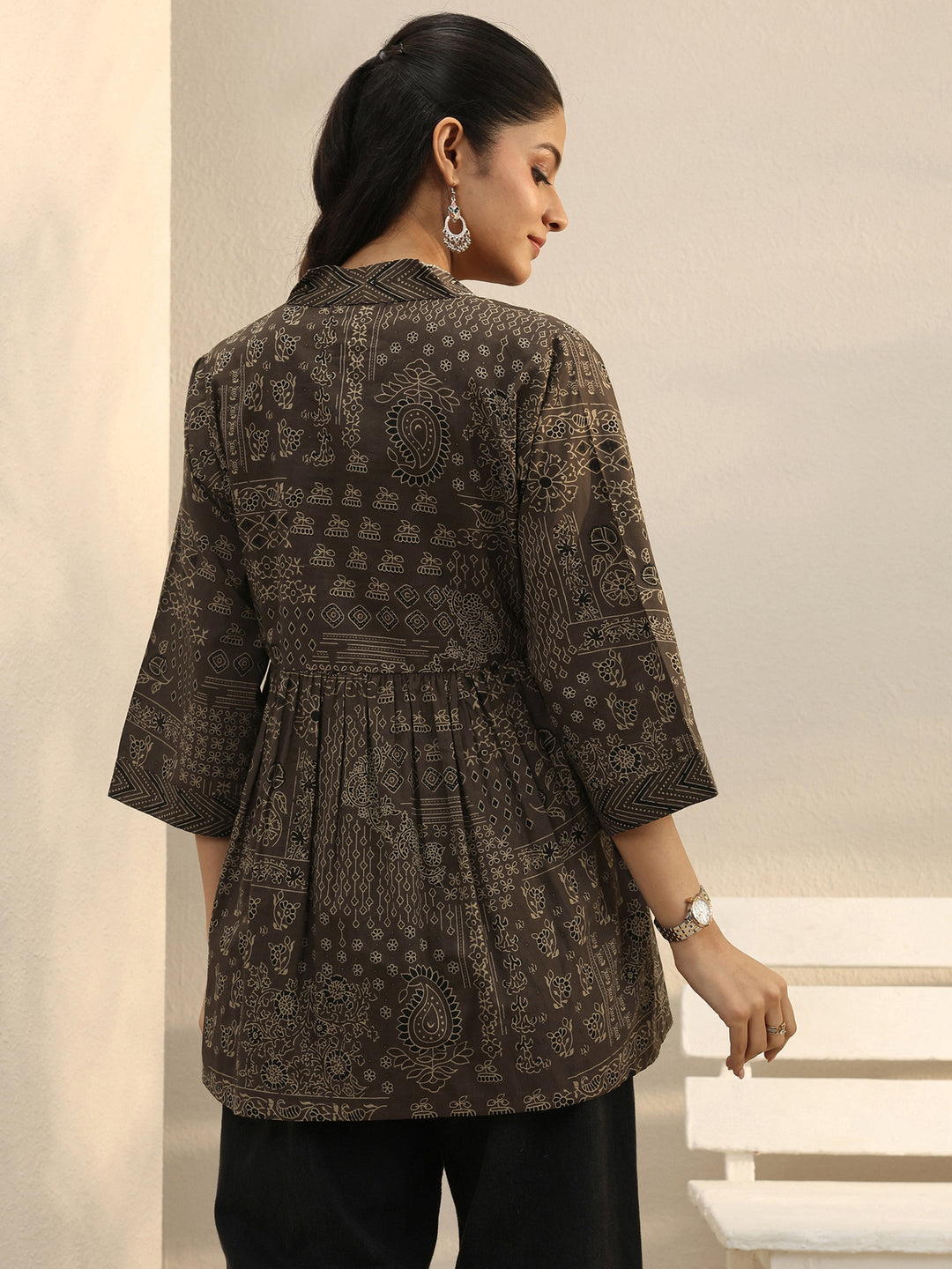 Brown Ethnic Printed Cotton A-Line Short Kurti