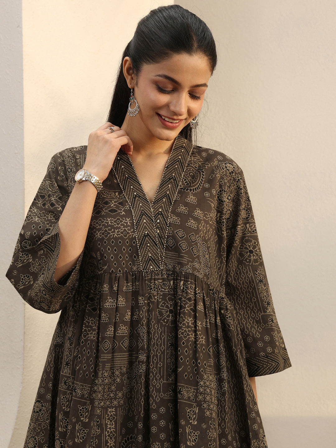 Brown Ethnic Printed Cotton A-Line Short Kurti