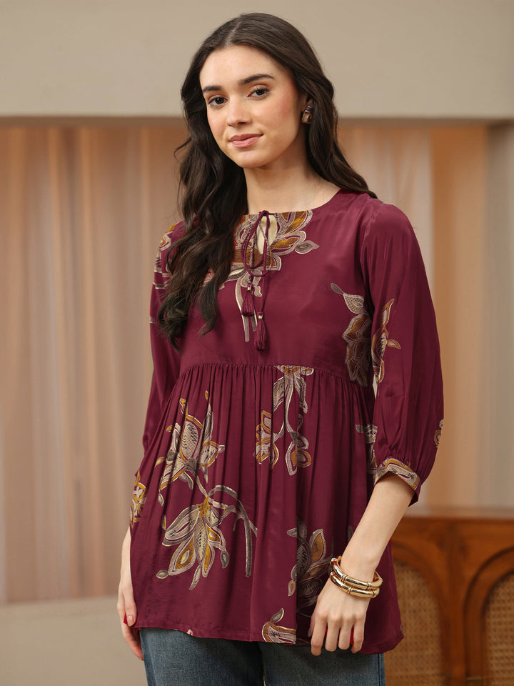 Red Floral Printed Rayon A-Line Short Kurti