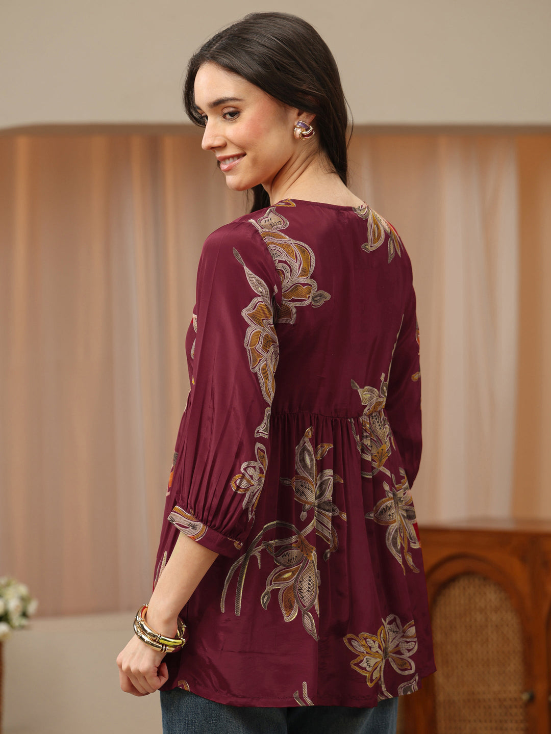 Red Floral Printed Rayon A-Line Short Kurti