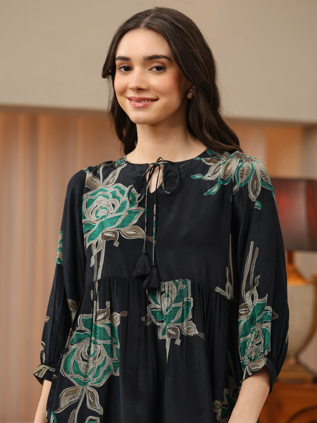 Black Floral Printed Rayon A-Line Short Kurti
