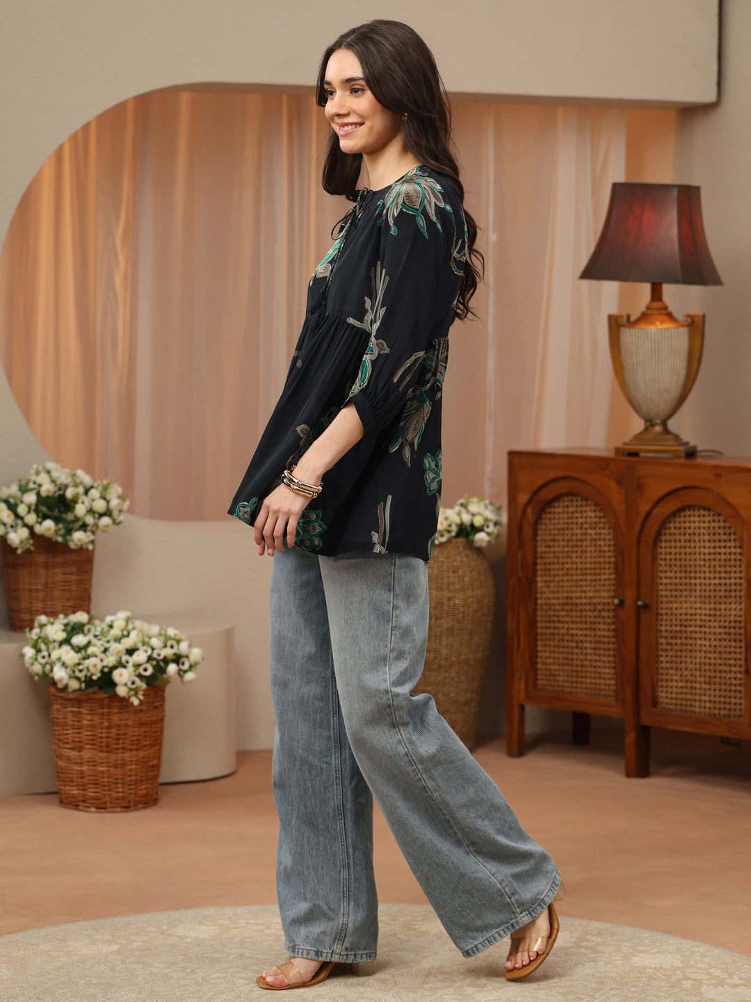 Black Floral Printed Rayon A-Line Short Kurti