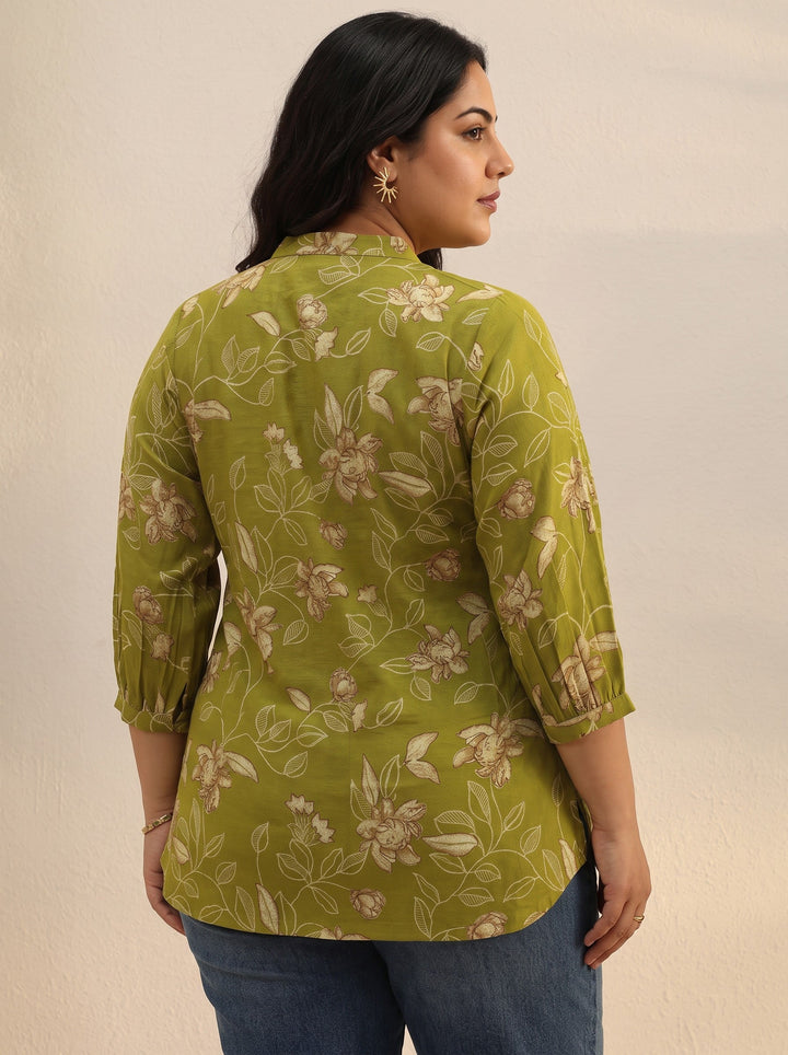 Plus Size Green Floral Printed Silk Blend Tie-Up Straight Short Kurti