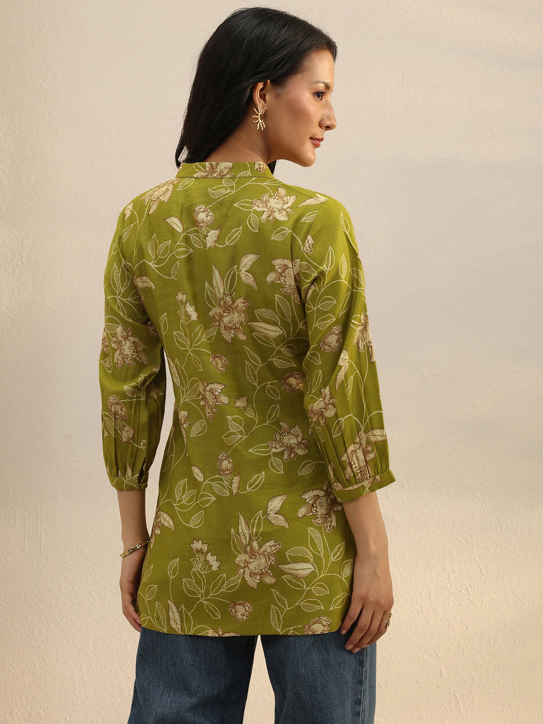 Green Floral Printed Silk Blend Tie-Up Straight Short Kurti