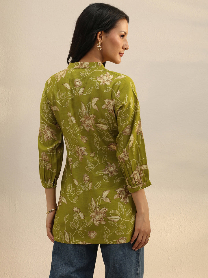 Green Floral Printed Silk Blend Tie-Up Straight Short Kurti