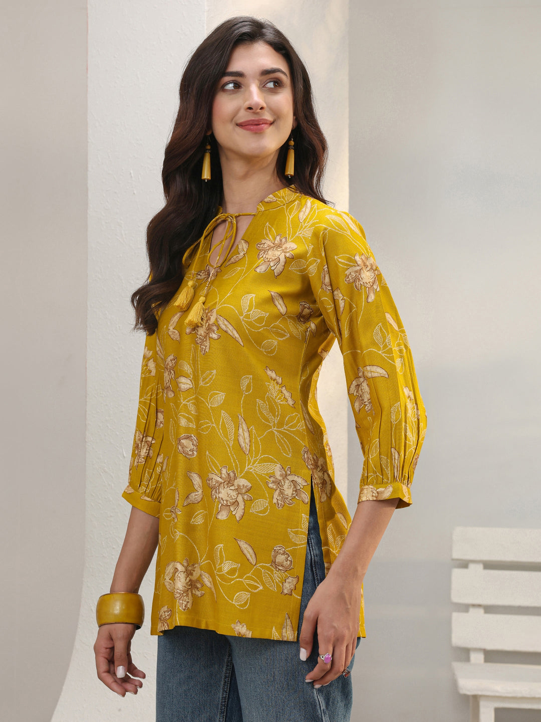 Mustard Floral Printed Silk Blend Straight Tie-Up Short Kurti