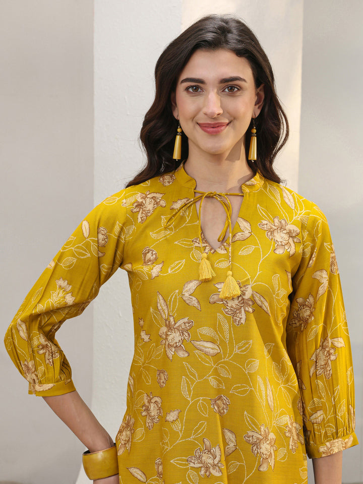 Mustard Floral Printed Silk Blend Straight Tie-Up Short Kurti
