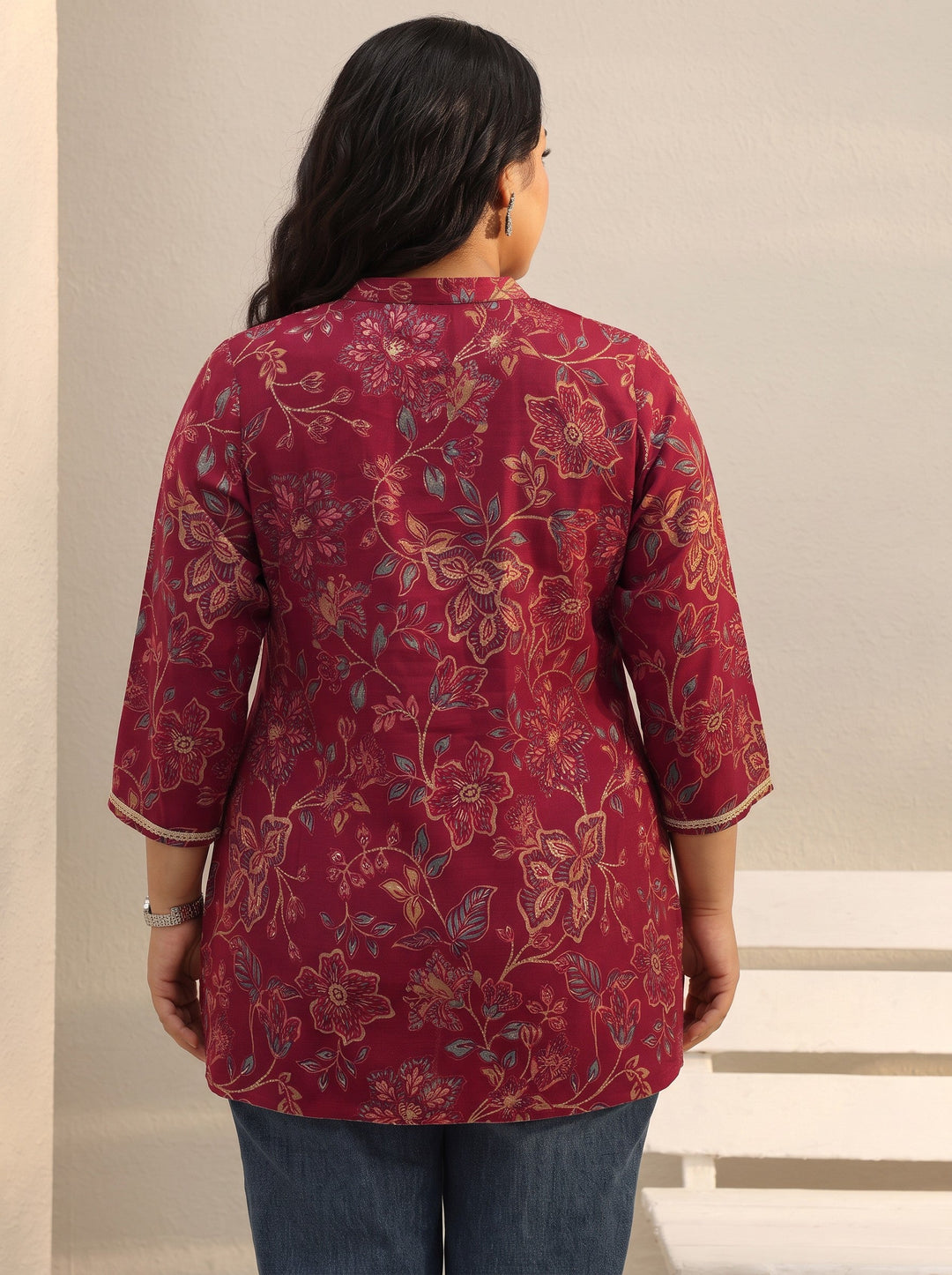 Plus Size Maroon Floral Printed Silk Blend Straight Short Kurti