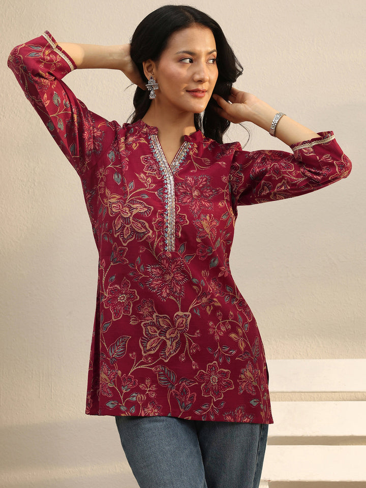 Maroon Floral Printed Silk Blend Straight Short Kurti