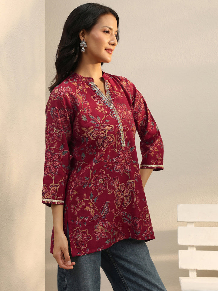 Maroon Floral Printed Silk Blend Straight Short Kurti