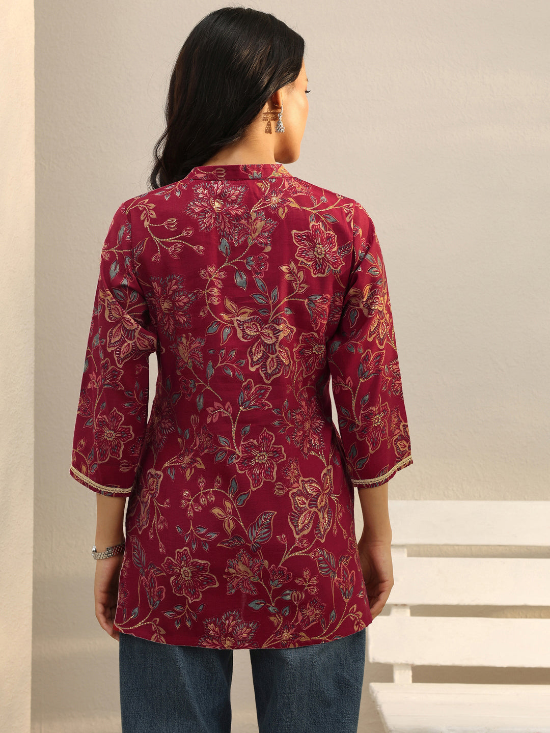 Maroon Floral Printed Silk Blend Straight Short Kurti
