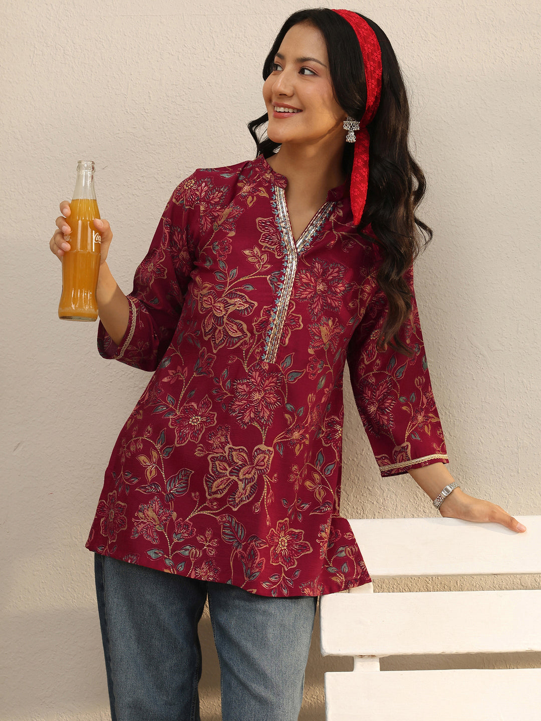 Maroon Floral Printed Silk Blend Straight Short Kurti