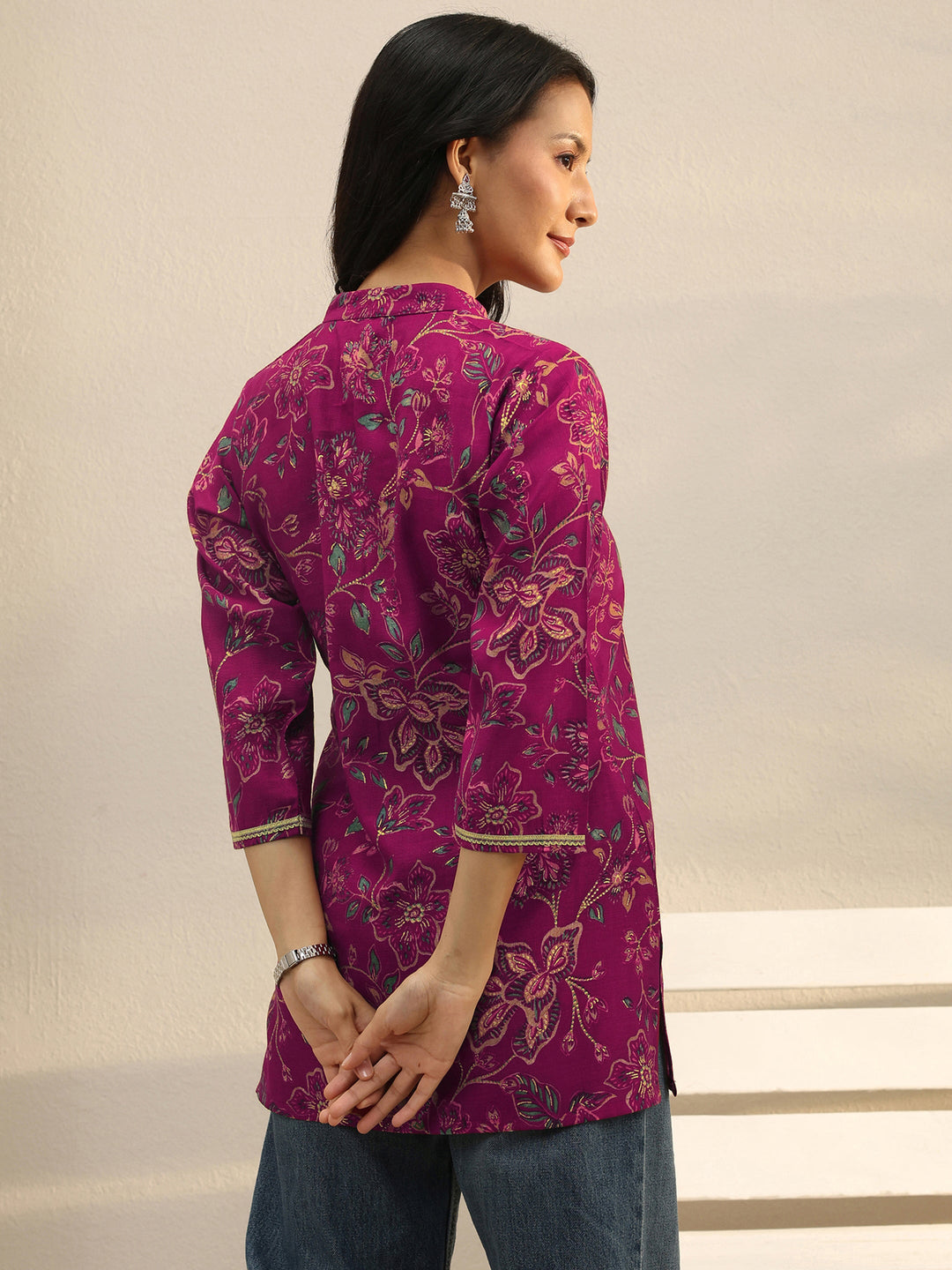 Magenta Floral Printed Silk Blend Straight Short Kurti