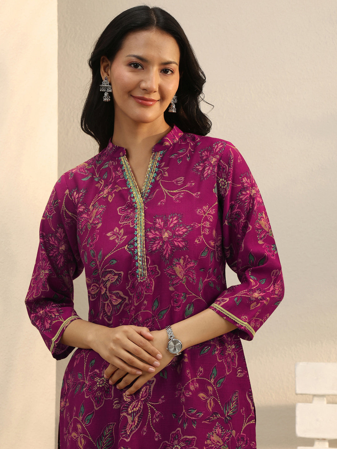 Magenta Floral Printed Silk Blend Straight Short Kurti