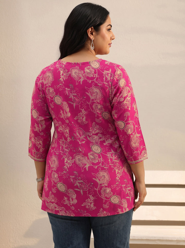 Plus Size Pink Floral Printed Silk Blend Straight Short Kurti