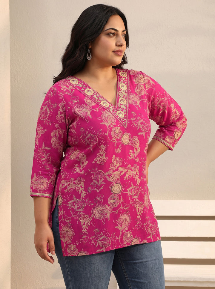 Plus Size Pink Floral Printed Silk Blend Straight Short Kurti