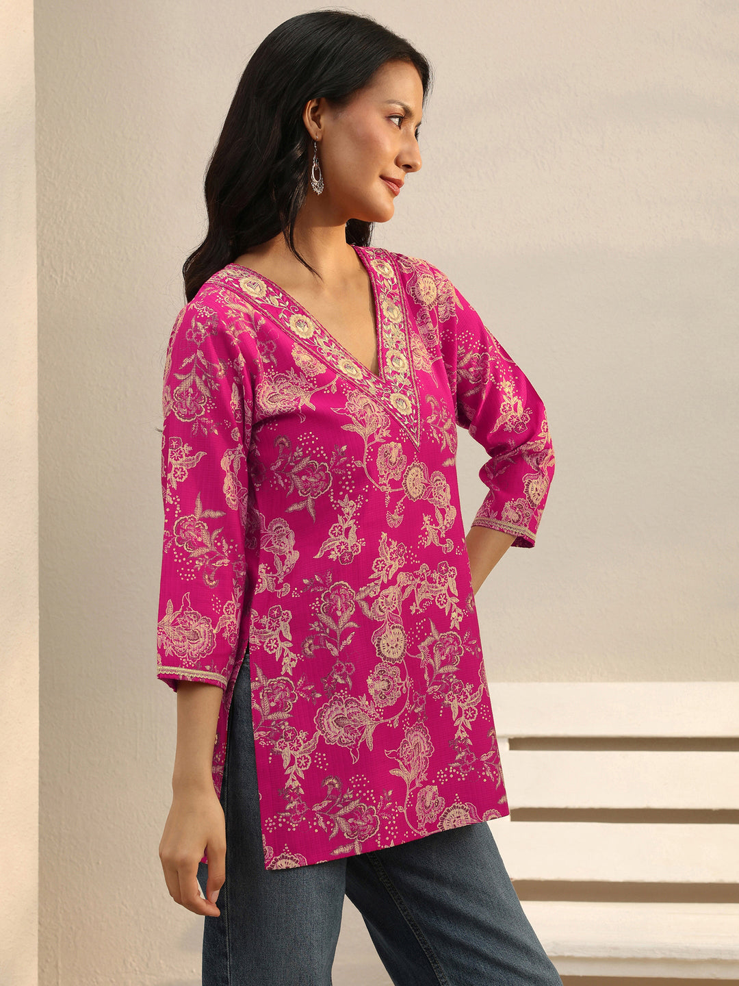 Pink Floral Printed Silk Blend Straight Short Kurti