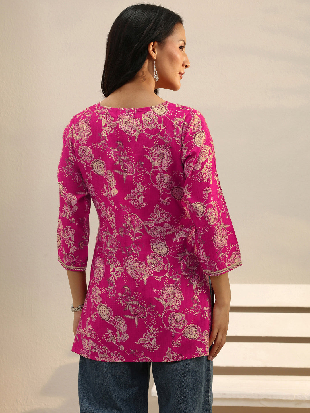 Pink Floral Printed Silk Blend Straight Short Kurti