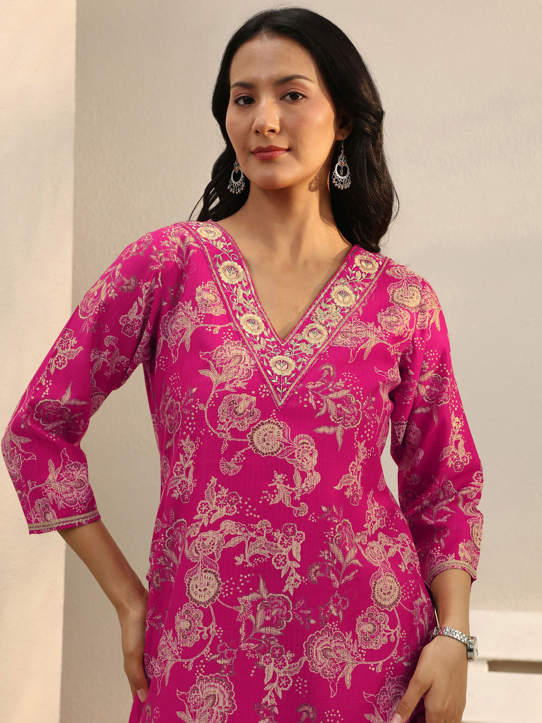 Pink Floral Printed Silk Blend Straight Short Kurti