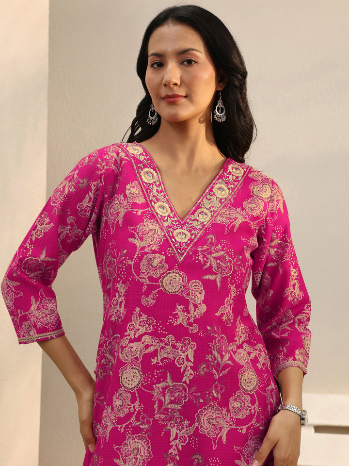 Pink Floral Printed Silk Blend Straight Short Kurti
