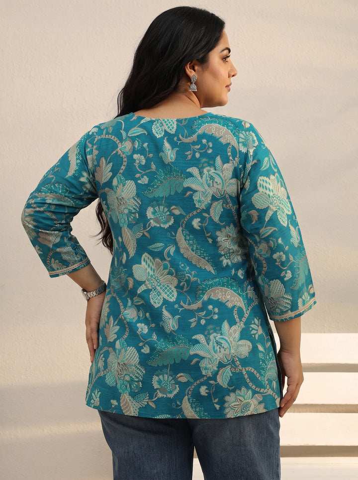 Plus Size Blue Floral Printed Silk Blend Straight Short Kurti