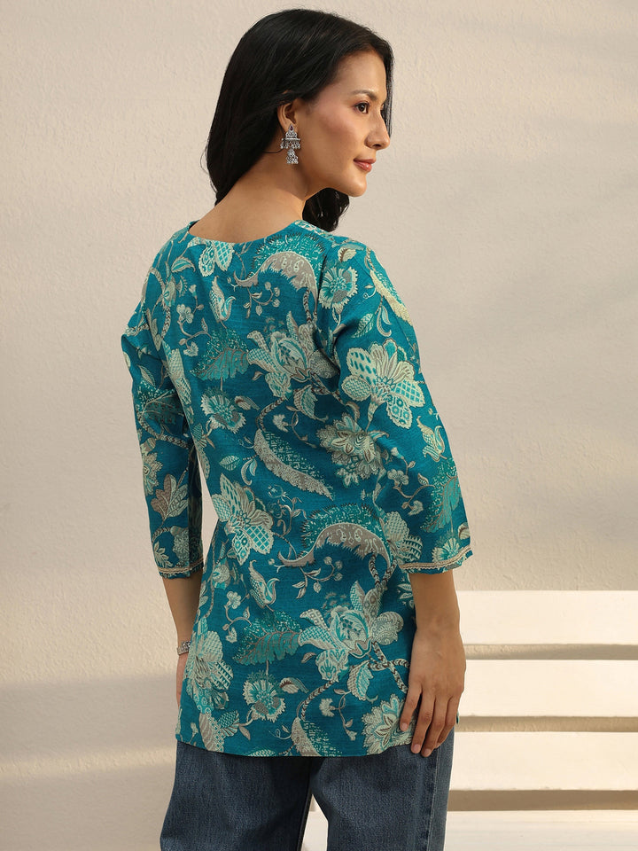 Blue Floral Printed Silk Blend Straight Short Kurti