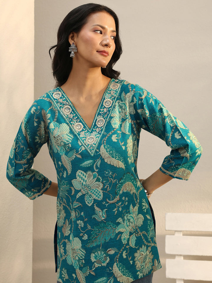Blue Floral Printed Silk Blend Straight Short Kurti