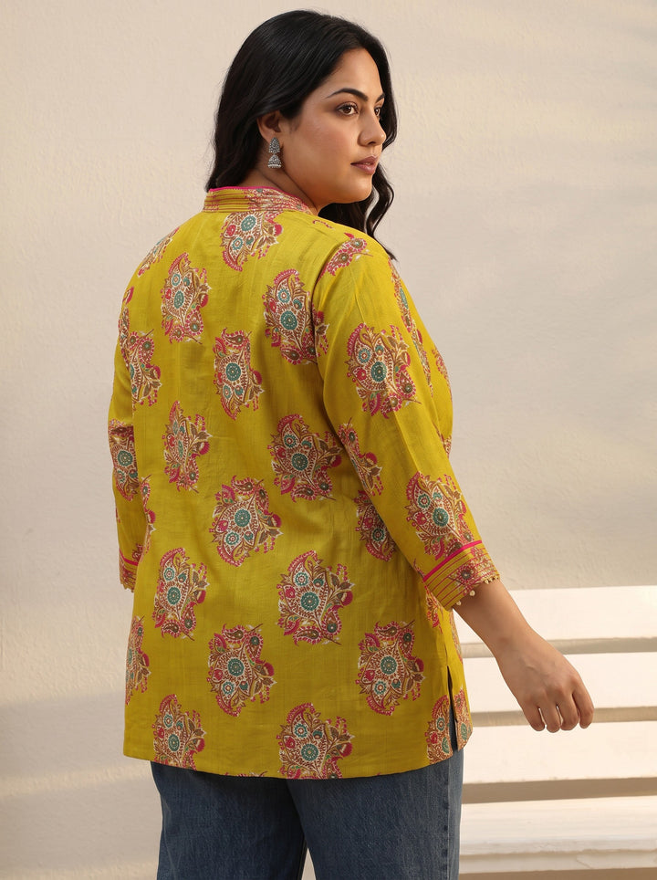 Plus Size Green Ethnic Printed Silk Blend A-Line Short Kurti