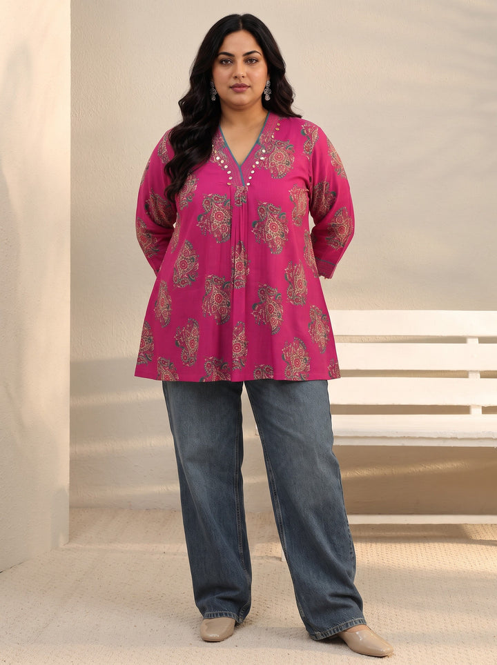 Plus Size Pink Ethnic Printed Silk Blend A-Line Short Kurti
