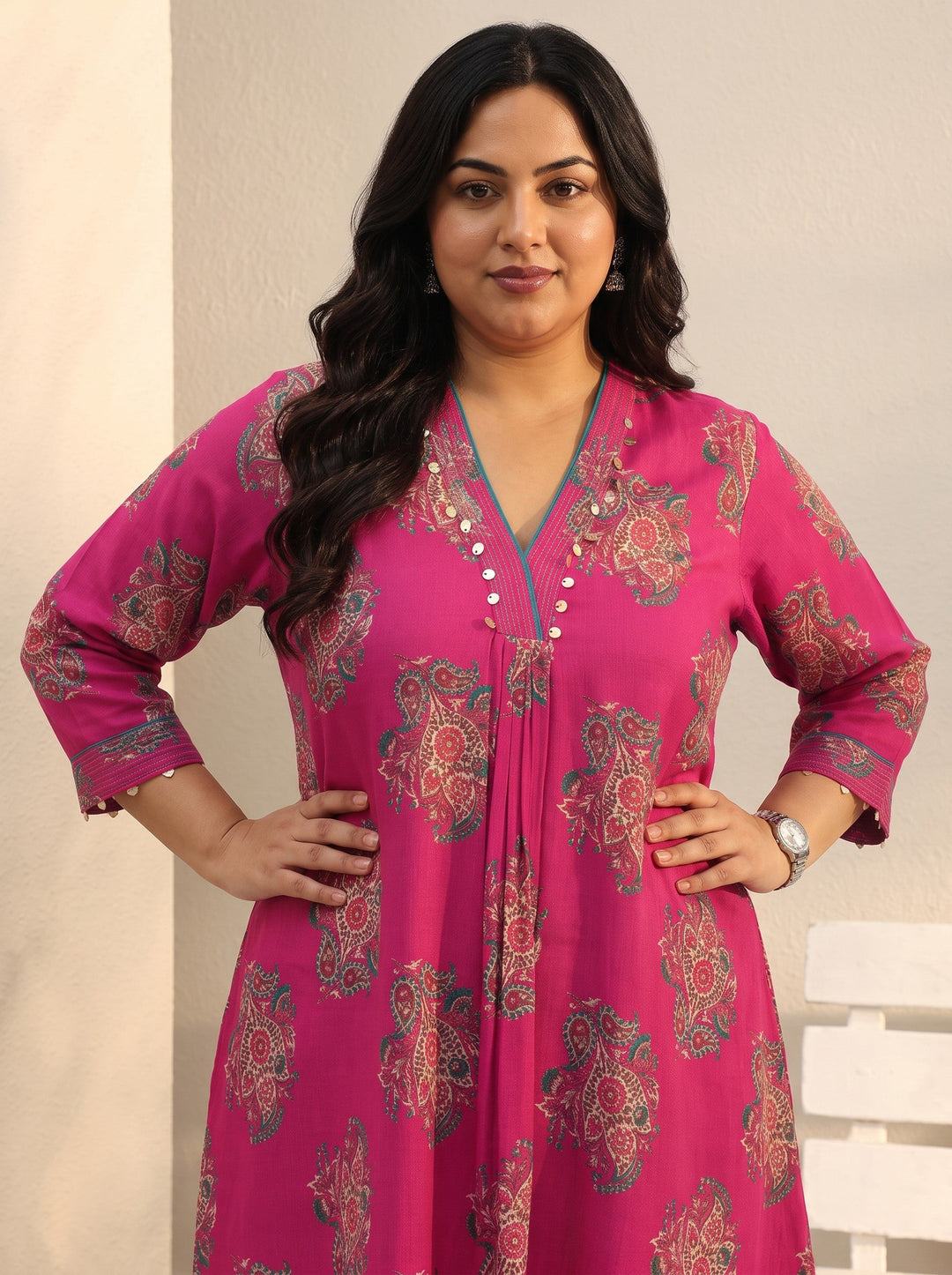 Plus Size Pink Ethnic Printed Silk Blend A-Line Short Kurti