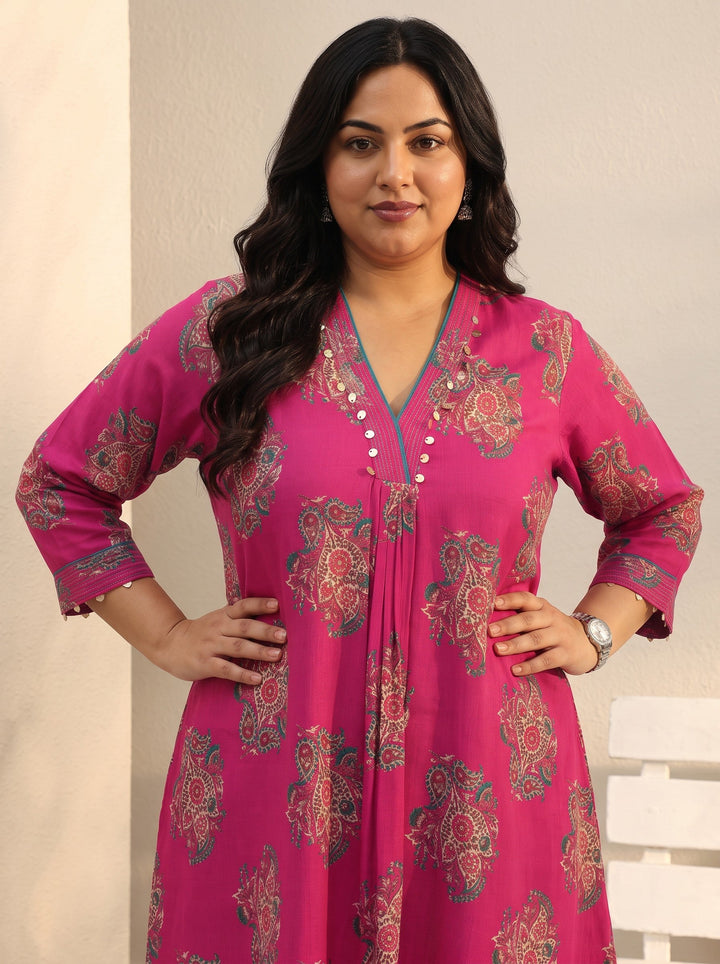 Plus Size Pink Ethnic Printed Silk Blend A-Line Short Kurti