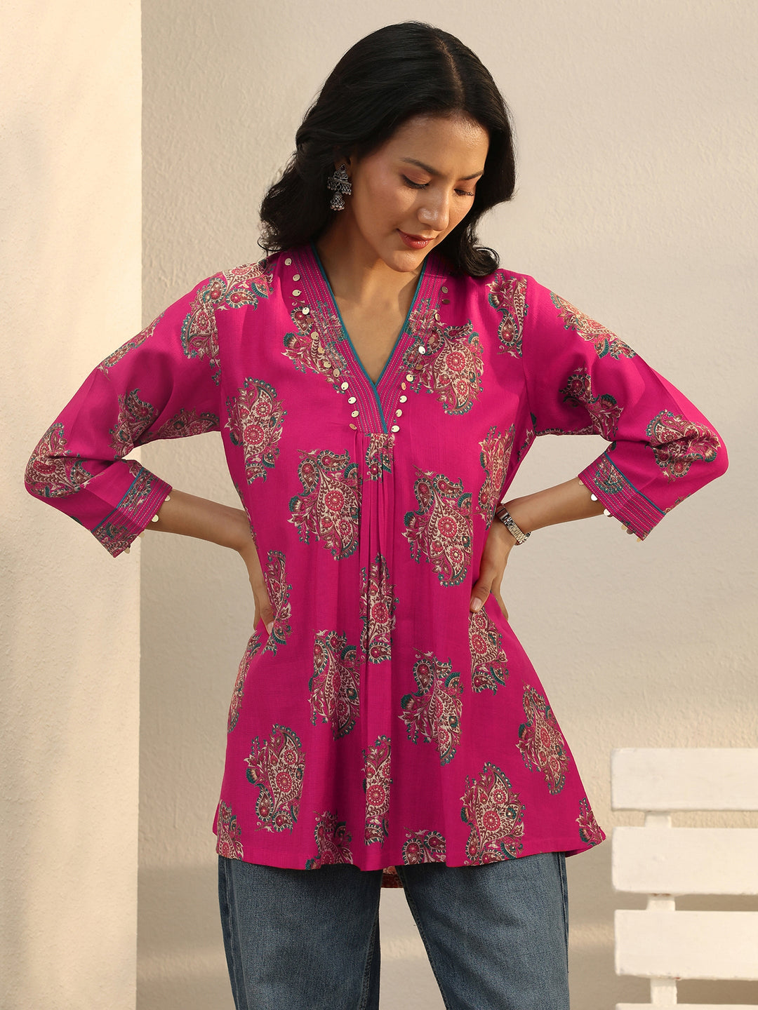 Pink Ethnic Printed Silk Blend A-Line Short Kurti