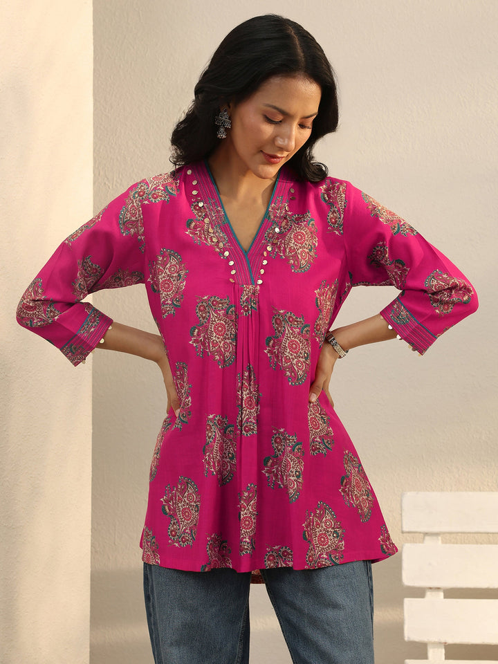 Pink Ethnic Printed Silk Blend A-Line Short Kurti