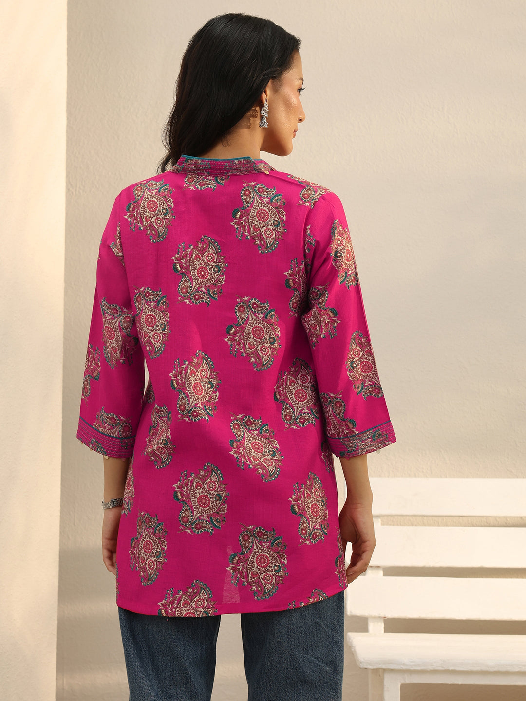 Pink Ethnic Printed Silk Blend A-Line Short Kurti