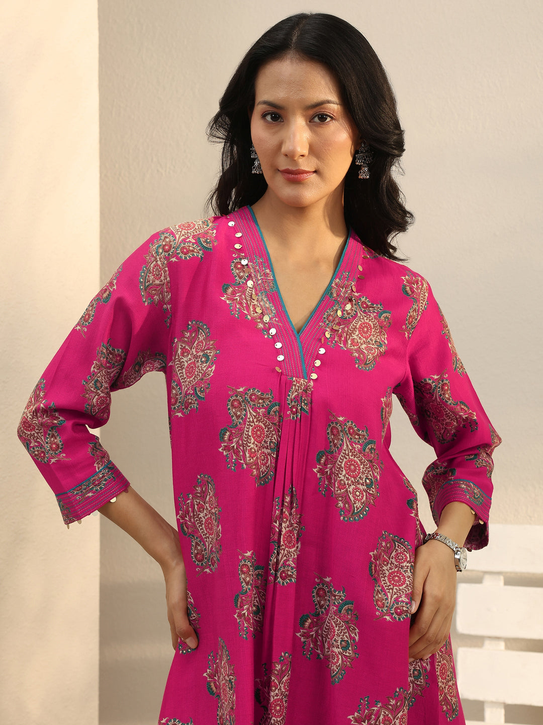 Pink Ethnic Printed Silk Blend A-Line Short Kurti