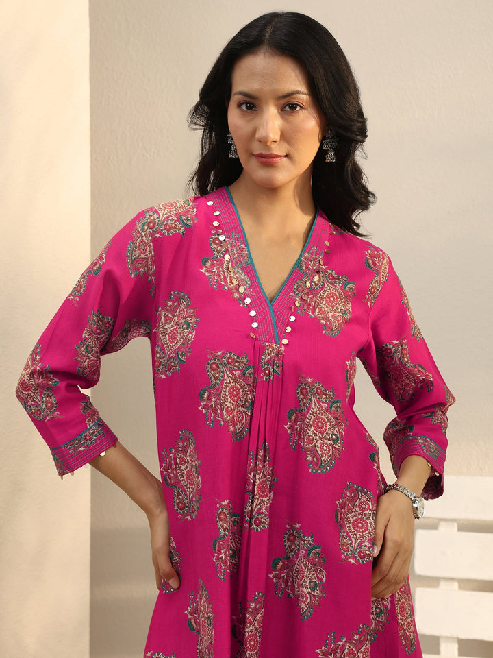 Pink Ethnic Printed Silk Blend A-Line Short Kurti