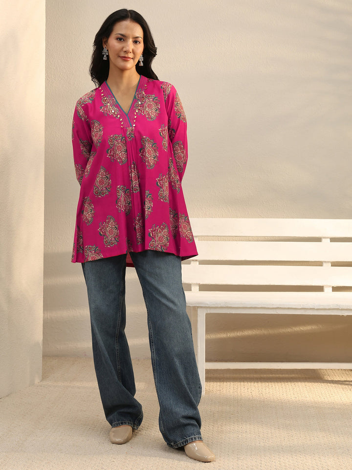 Pink Ethnic Printed Silk Blend A-Line Short Kurti