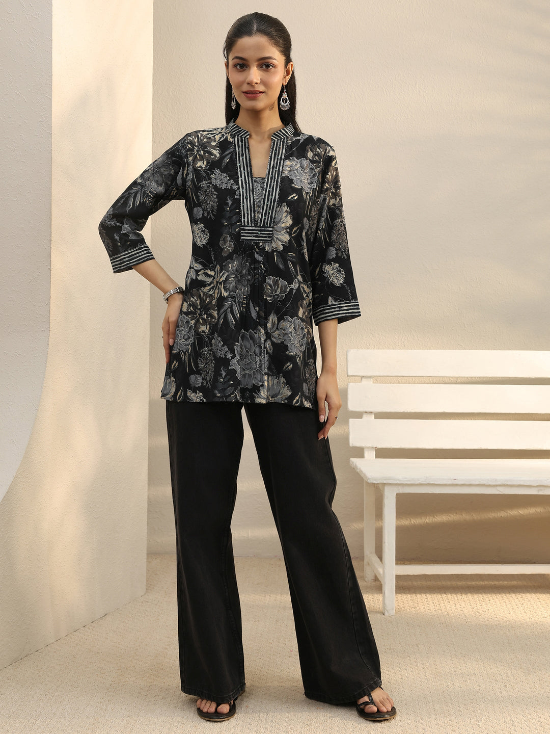Black Floral Printed Silk Blend Straight Short Kurti