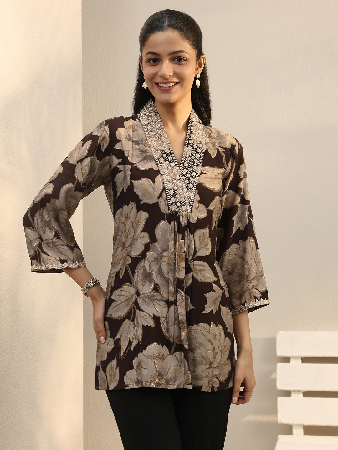 Brown Floral Printed Silk Blend Straight Short Kurti