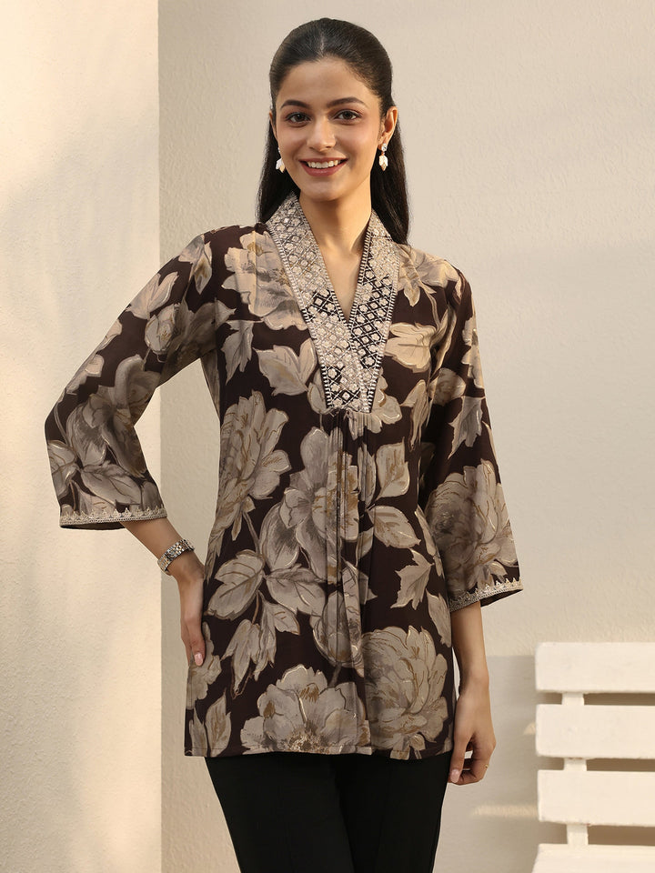 Brown Floral Printed Silk Blend Straight Short Kurti