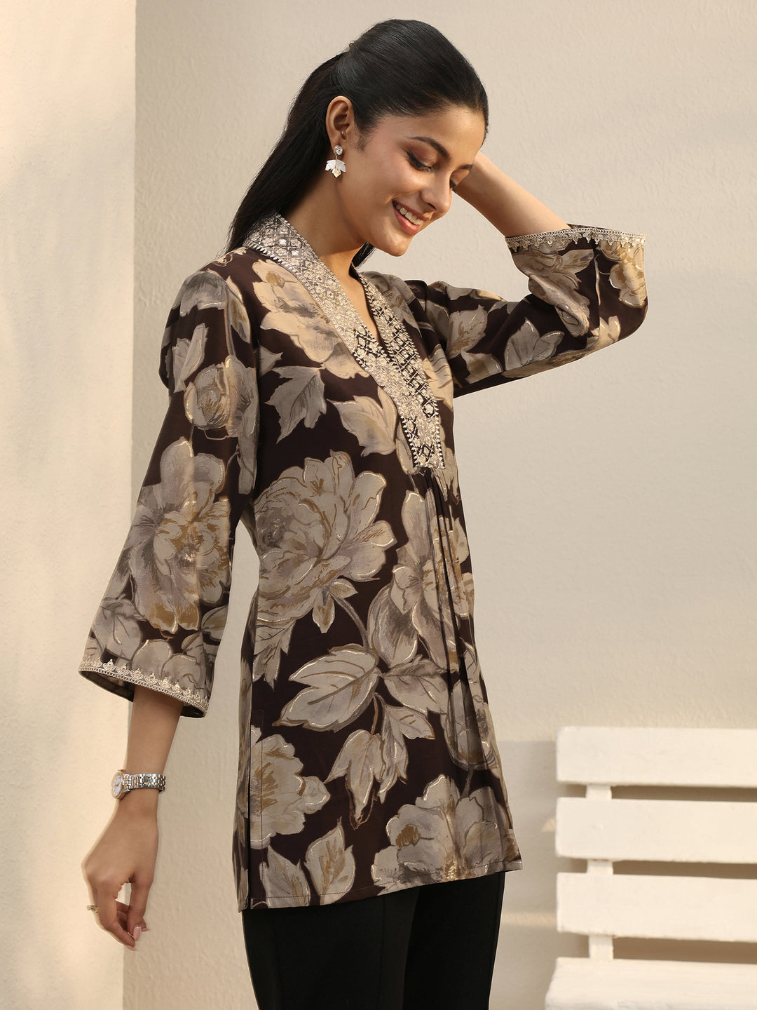 Brown Floral Printed Silk Blend Straight Short Kurti
