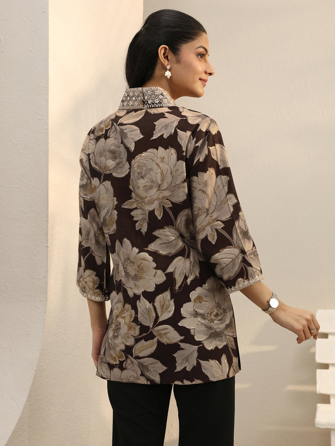 Brown Floral Printed Silk Blend Straight Short Kurti