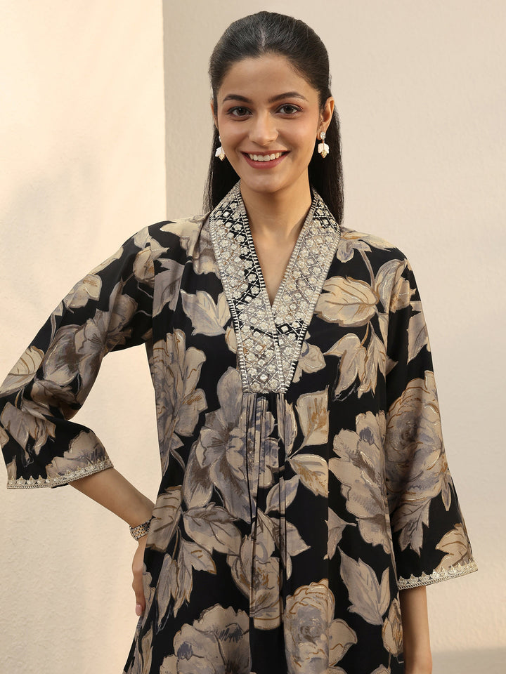 Black Floral Printed Silk Blend Straight Short Kurti