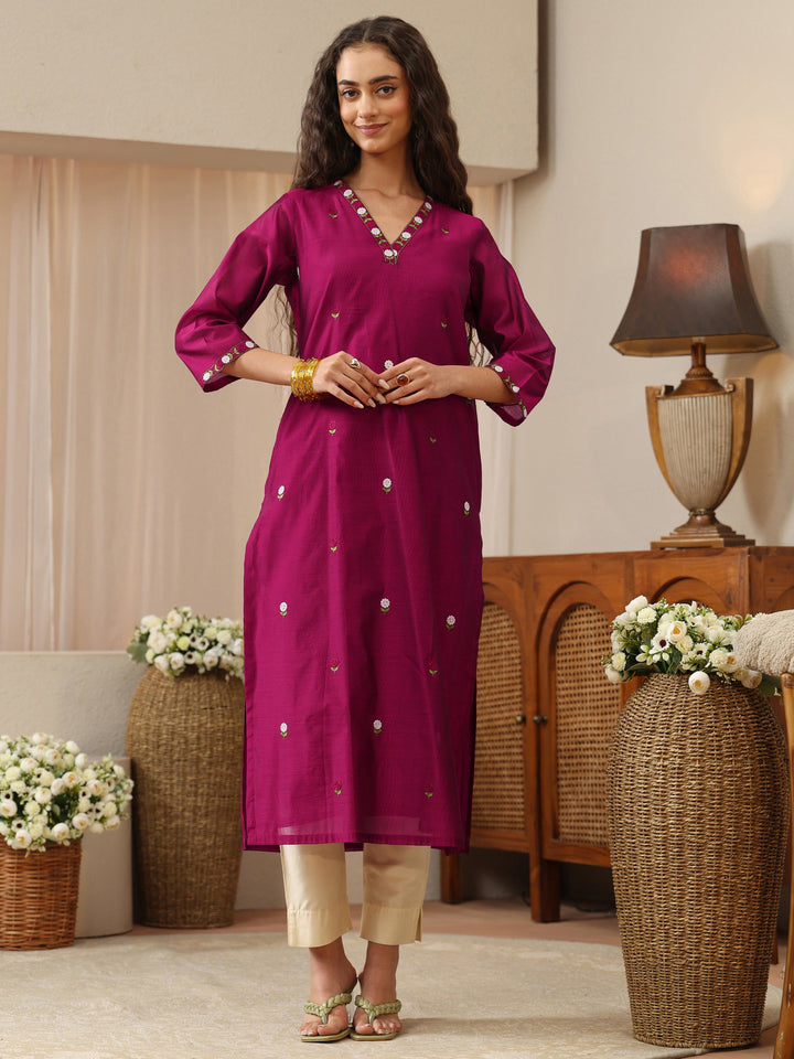 Magenta Floral Embroidered Chanderi Silk Straight Kurta