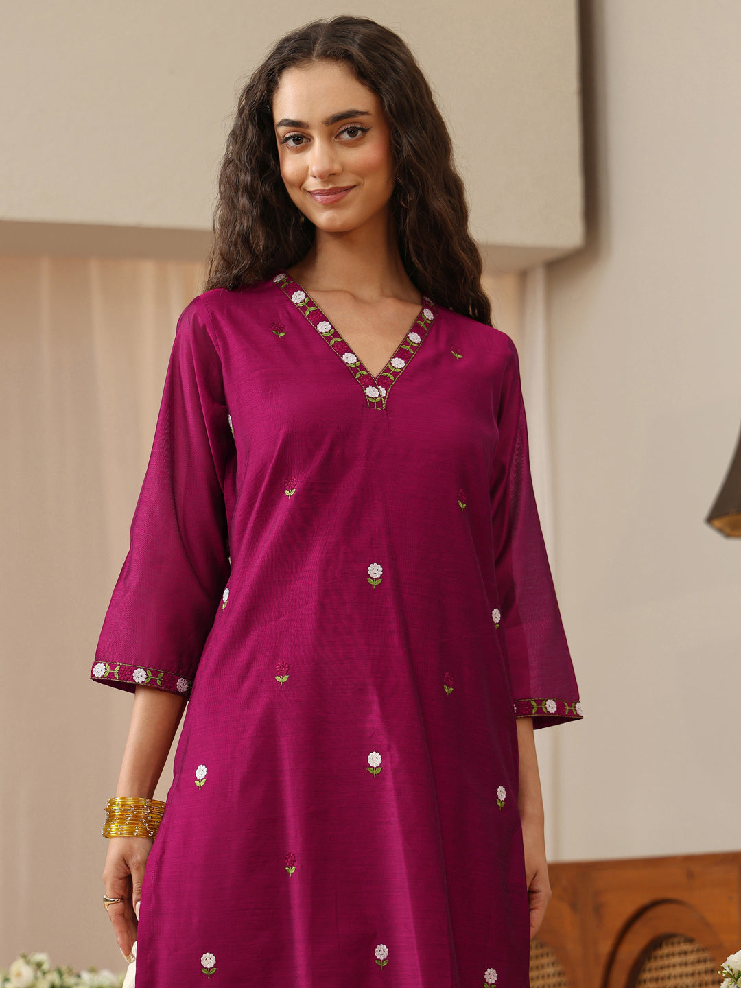 Magenta Floral Embroidered Chanderi Silk Straight Kurta