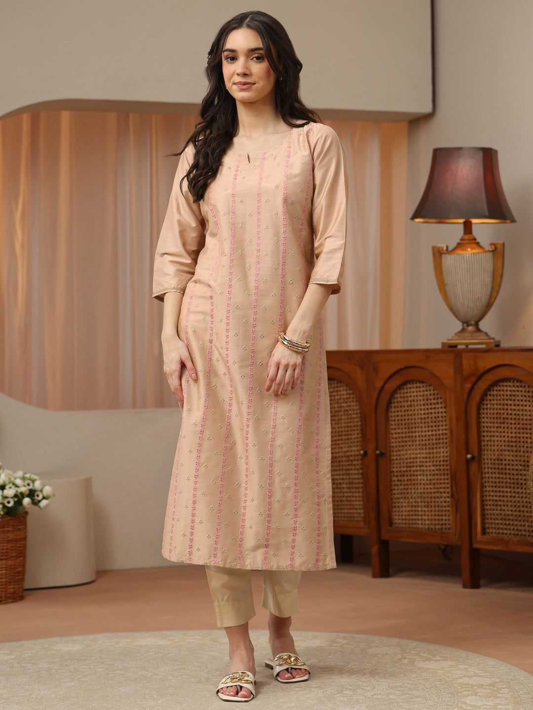 Beige Floral Embroidered Silk Blend Straight Kurta